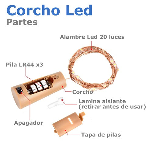 Series de luces led de alambre con corcho 2mts multicolor de pilas 3pzas