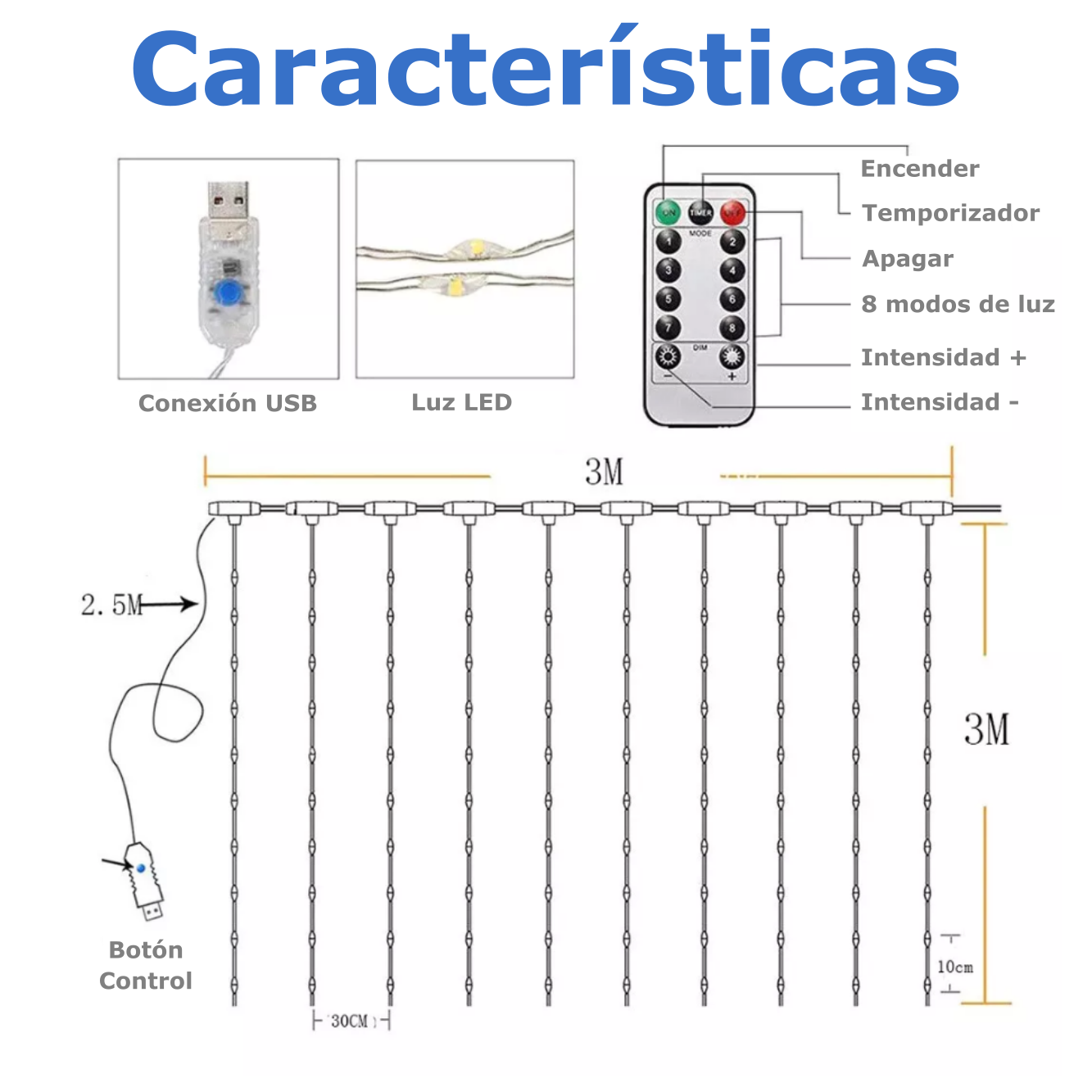 Series de Luces led de alambre Cortina 3x3mts multicolor con control remoto