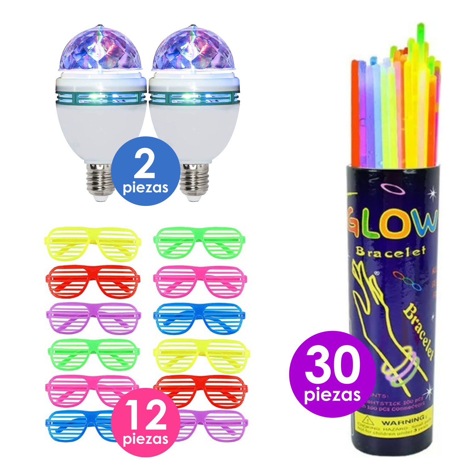 Paquete Fiesta Luminosa Foco Led Giratorio Lentes Led Pulseras Neon 44 pzs